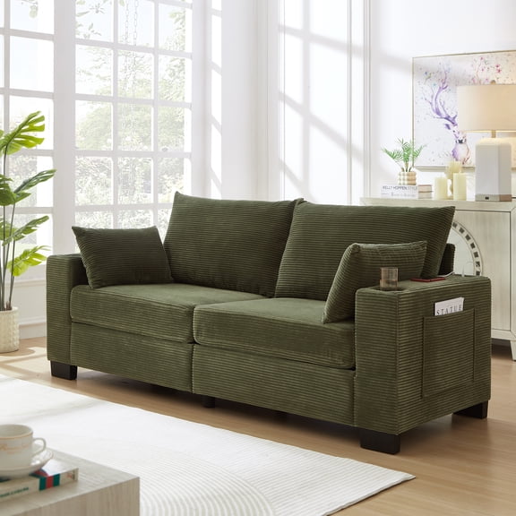 FFZ 78 inch Corduroy Sofa Modern Upholstered Usb Cup Holders Side Pocket Plush Deep Seat 3-Seater For Living Room Apartment