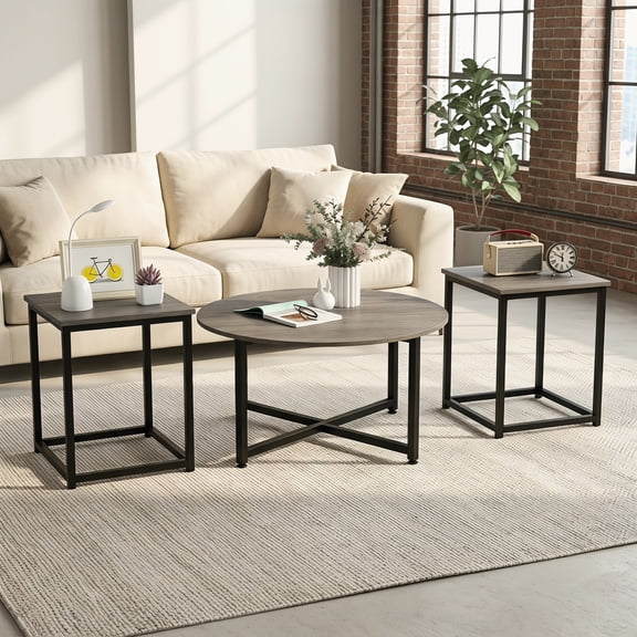 Kadyn Cocktail Tea Table,Coffee Table,Sofa Table Tea Table,3-Piece Coffee Table Set Round Coffee Table and 2PCS Square End Tables-Gray