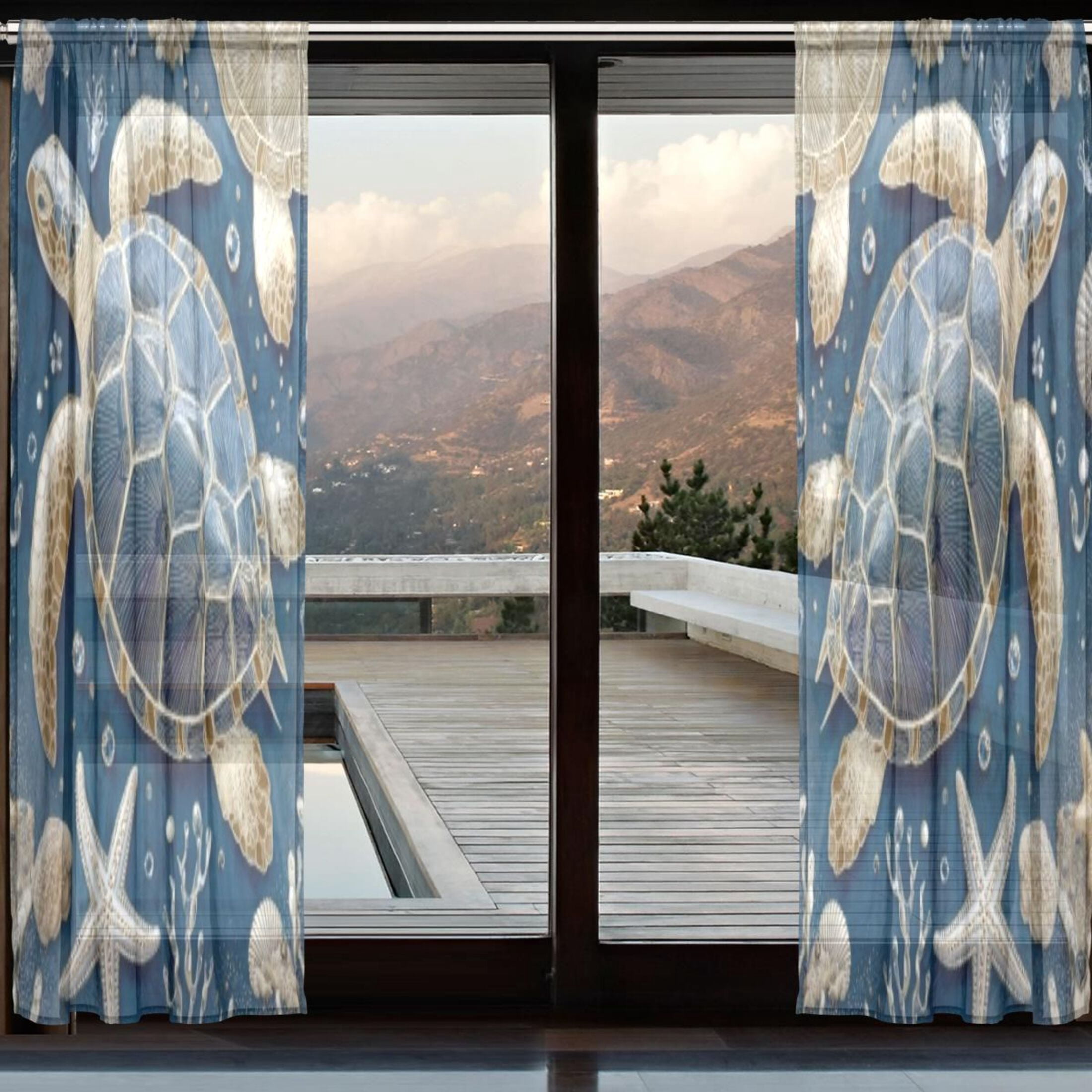 BZSMCE Window Curtain Panels Set Of 2 In Navy Beaded Sea Turtle Printed