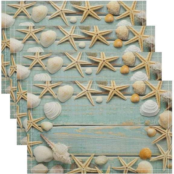 Summer Starfish Placemats Set of 4, 17x12 Inch Beach Summer Seashell Starfish Blue Wooden Art Print Table Mats for Home Party Kitchen Dining Decor
