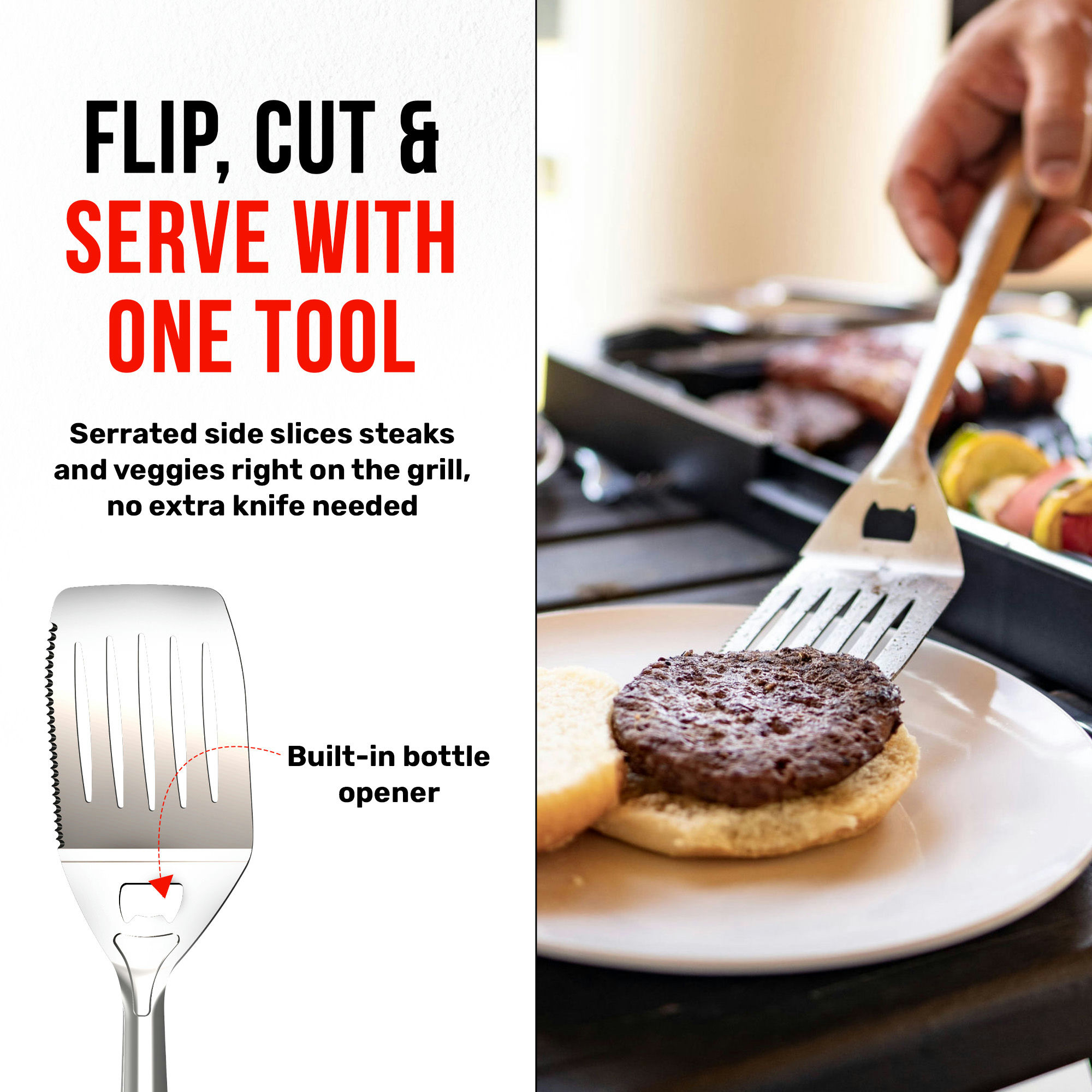 Grillbot 4 Piece Stainless Steel BBQ Grill Tools Set - Tongs, Spatula, Fork, Brush