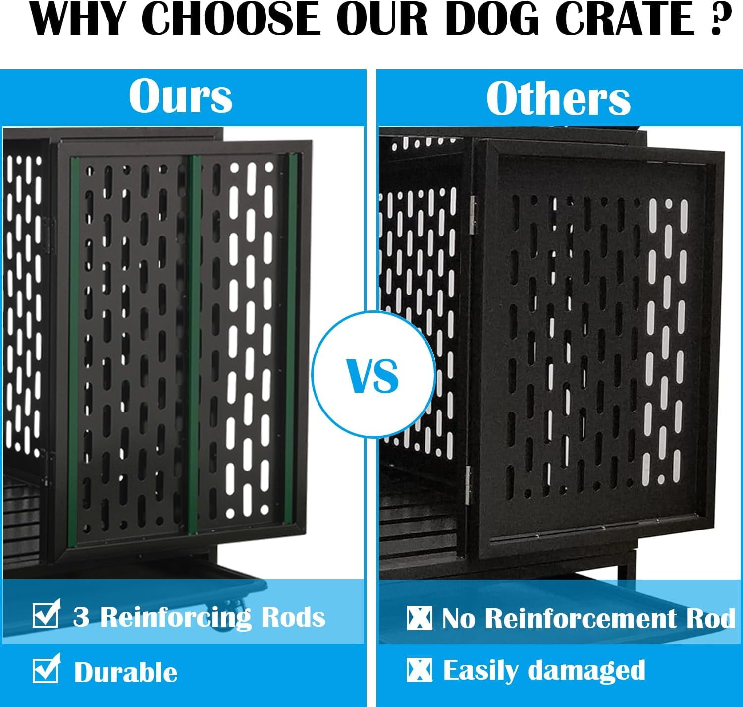 Ufyerutg 45'' Indestructible Heavy Duty Dog Crate, Escape Proof Strong Steel Impact Pet Cage for Large Medium Dogs, High Anxiety Sound Proof Chewproof Kennel Double Door with Trays and Wheels