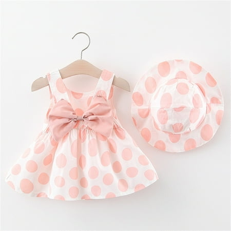 

hunpta toddler baby girls summer princess dresses vacation beach sleeveless sun hat set ruffles dot dress 0-3 years