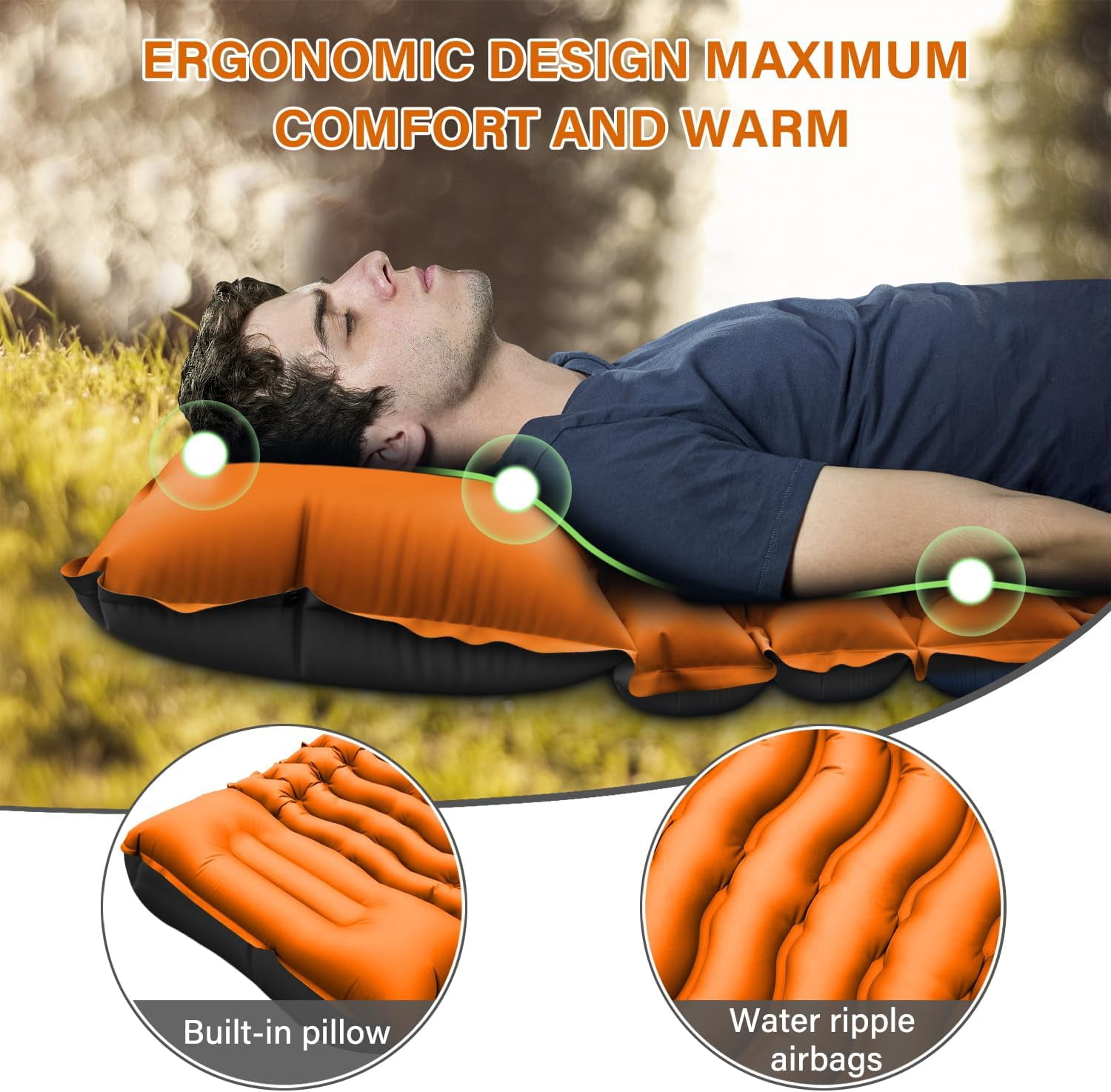 Double Sleeping Pad for Camping- Self Inflating 4" Extra-Thick with Pillow Built-in Foot Pump Inflatable Sleeping Mat for Backpacking, Hiking, Traveling, Tent, Portable Camping Mat