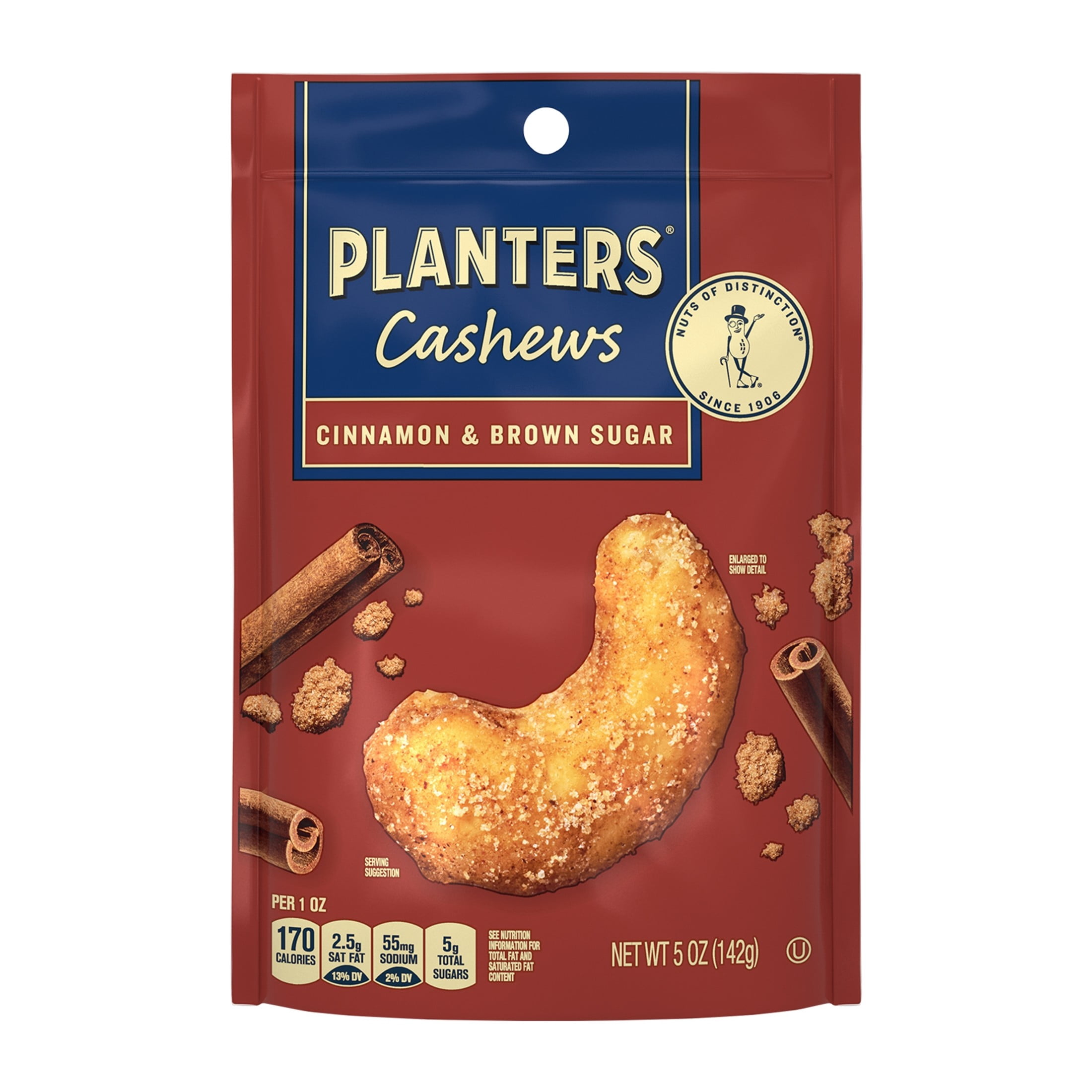 (3 pack) Planters Cinnamon & Brown Sugar Whole Flavored Cashews, Plant Based Protein Snacks for Adults, On-The-Go Snacks, Gluten Free, 5 oz Resealable Package