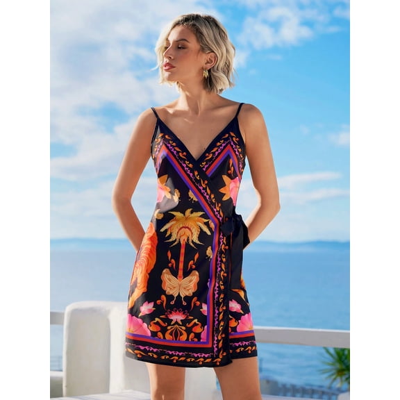 Women's Tropical Print Cami Dress Sleeveless Wrap V-Neck Tie Knot Boho Mini Summer Beach Vacation Dress