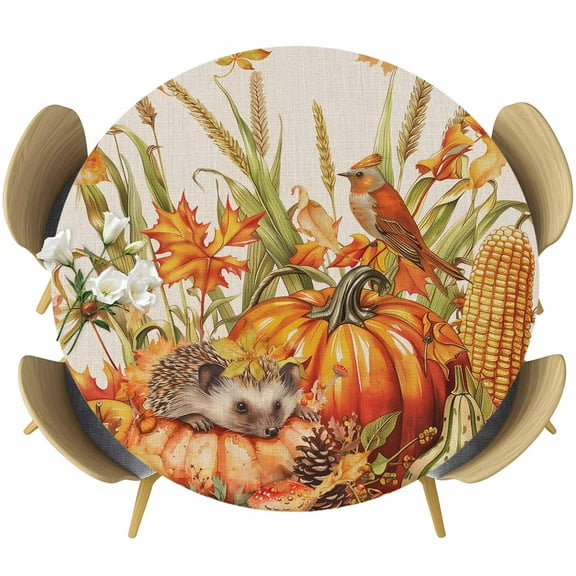 Fall Orange Pumpkins Round Tablecloth 36-44 Inch Round Fitted Table Cloth with Elastic Edge, Thanksgiving Wheat Birds Waterproof Table Cover Protector for Outdoor Picnic Party Dining