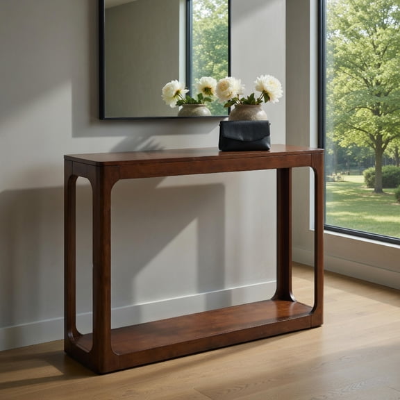 Demi Bonn Mid-Century Modern 2-Tier Wooden Console Table with Open Shelf Storage, Rubberwood Entryway Table for Hallway & Foyer, Antique Brown