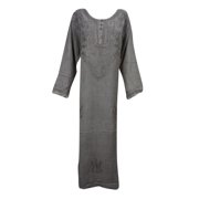 Mogul Womens Evening Party Dress Grey Long Sleeve Embroidered Shift Maxi Dresses