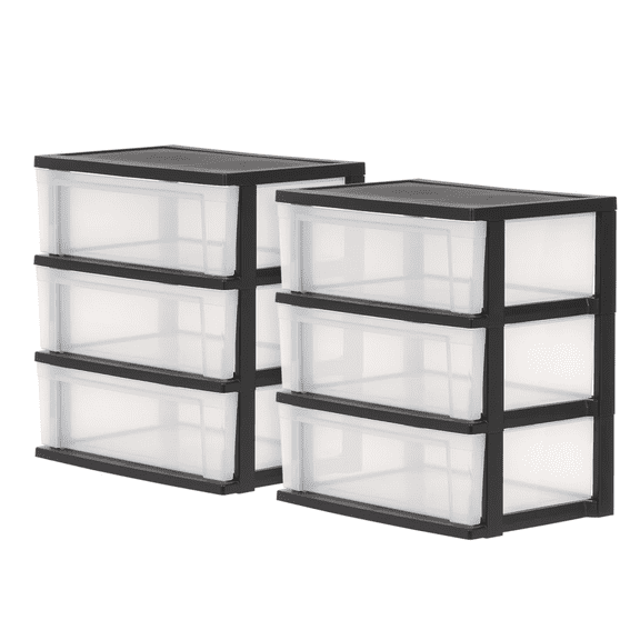 YINGYUE Wide 3-Drawer Plastic Storage Unit, Set of 2 Black Storage Cabinet with Clear See-Through Drawers, Safety Drawer Stops, Multipurpose Organizer for Bedroom Playroom Office