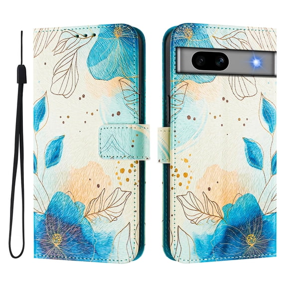Compatible for Google Pixel 7A Wallet Case, Painting Pattern Premium PU Leather [Credit Card Holder] [Wrist Strap] Flip Stand Feature Purse Case Full Protective Pattern Cover, Blue Painting
