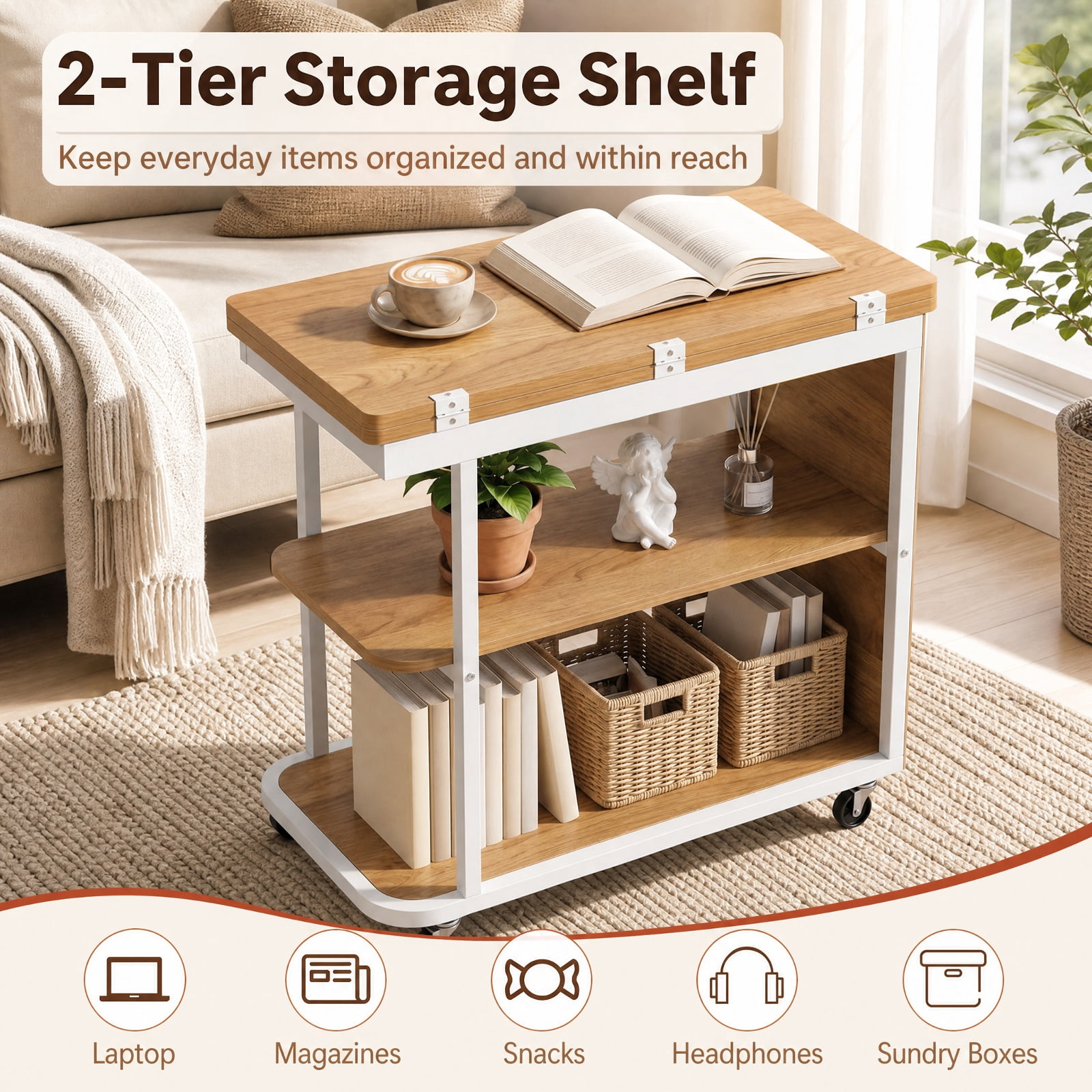 Furnibear Mobile Nightstand with Foldable Swivel Top and 2 Tier Shelf Rolling Bedside Table for Small Spaces Bedroom, Natural