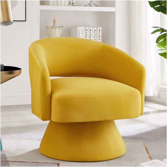 JERFIT Modern Velvet Swivel Accent Chair with 360-Degree Rotation, Open Back Barrel Chair for Living Room, Bedroom or Office, Comfy Upholstered Armchair in Yellow