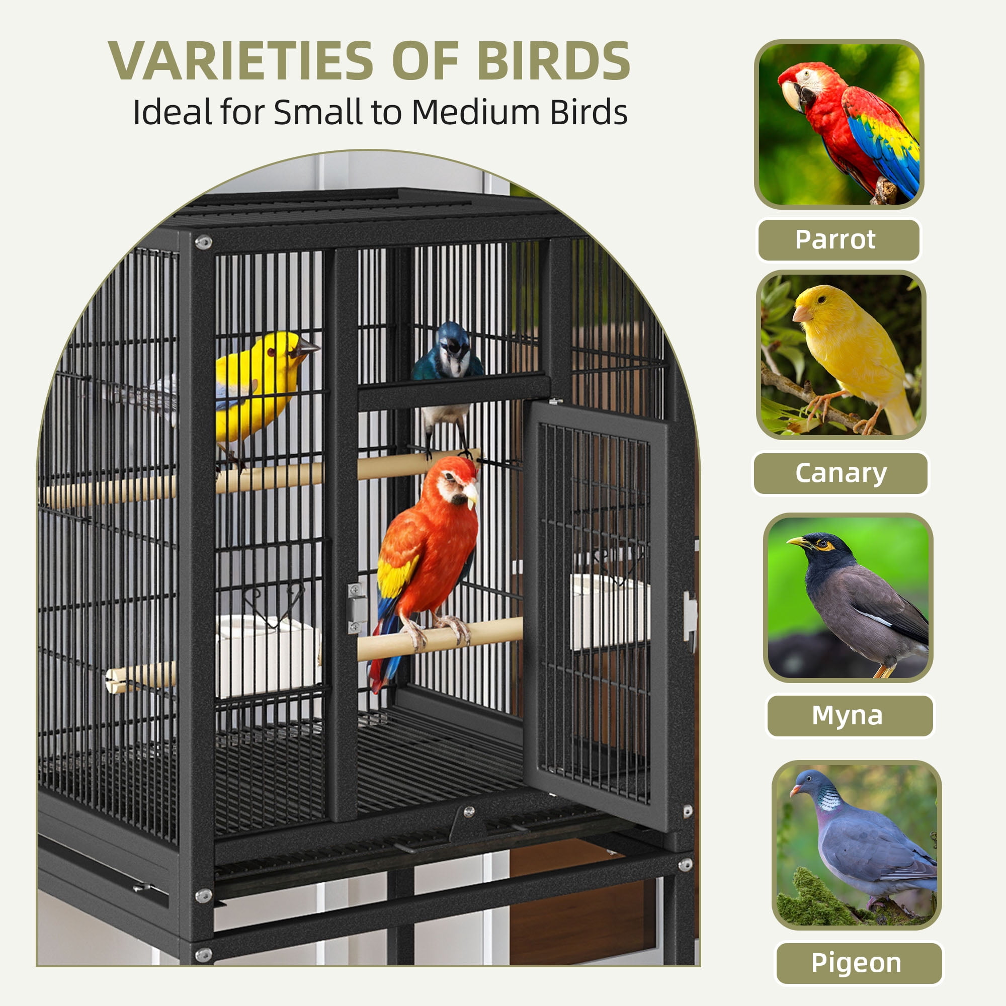 Uforic 41" Metal Bird cage  with Rolling Stand, Tray, 2 Perches and 2 Feeders, Black
