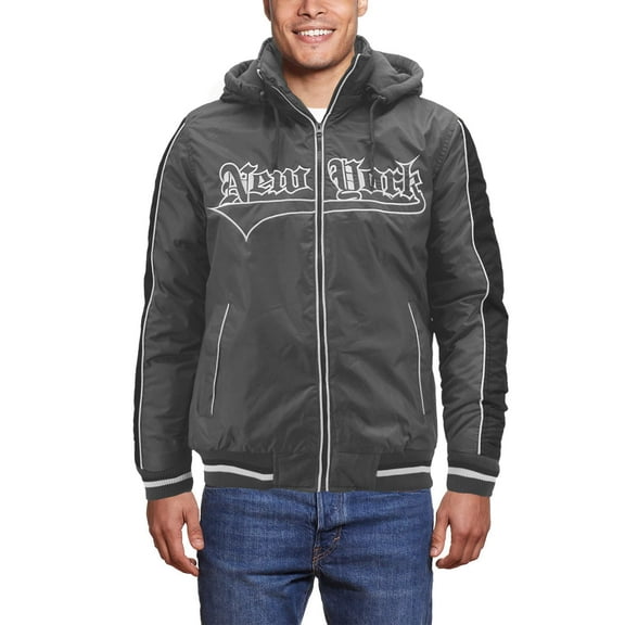 Men's New York Fleece Lined Removable Hood Windbreaker Zipper Puffer Jacket (Charcoal, XL)