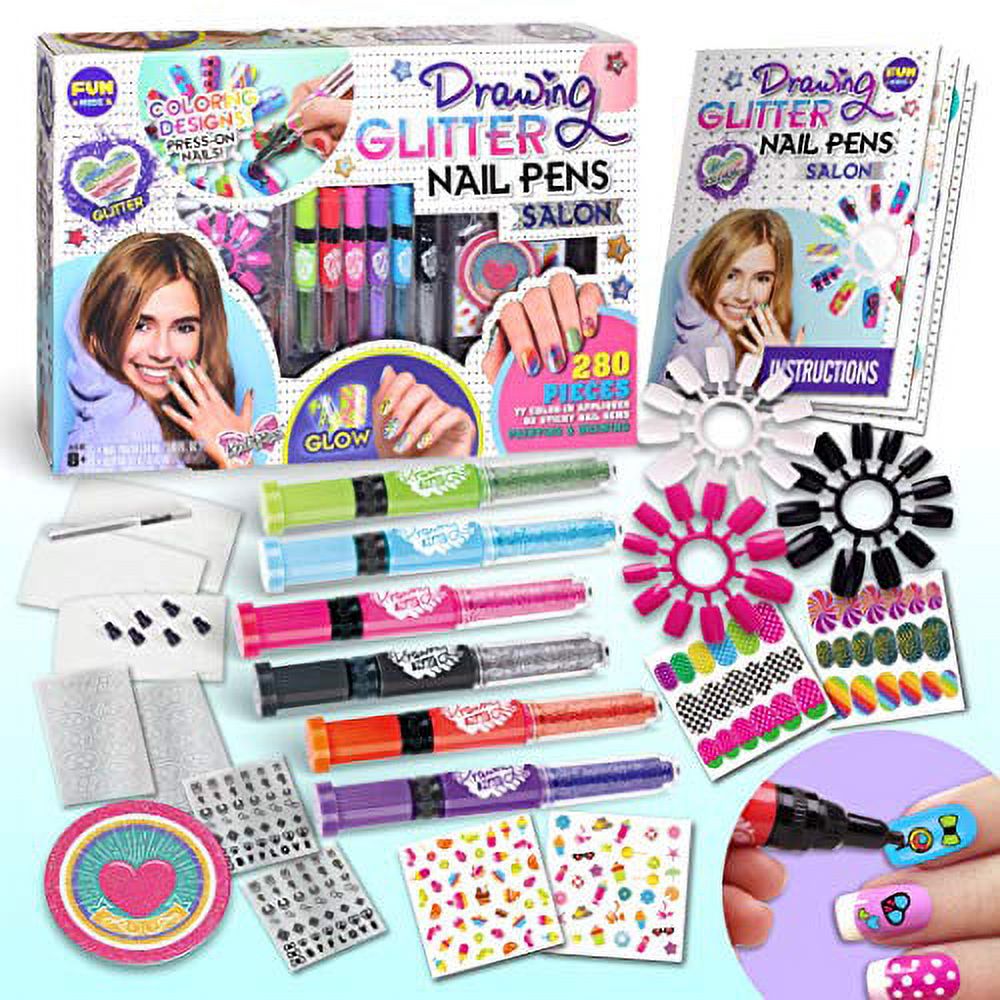 Kids Nail Art Polish Drawing Pens Kit, FunKidz Ultimate 280Pcs Nails Glitter Set For Girls Glow In Dark Sparkly and Colorful Temporary Nail Polish Kit for Kids Salon Girls Fashion Activity For Gi