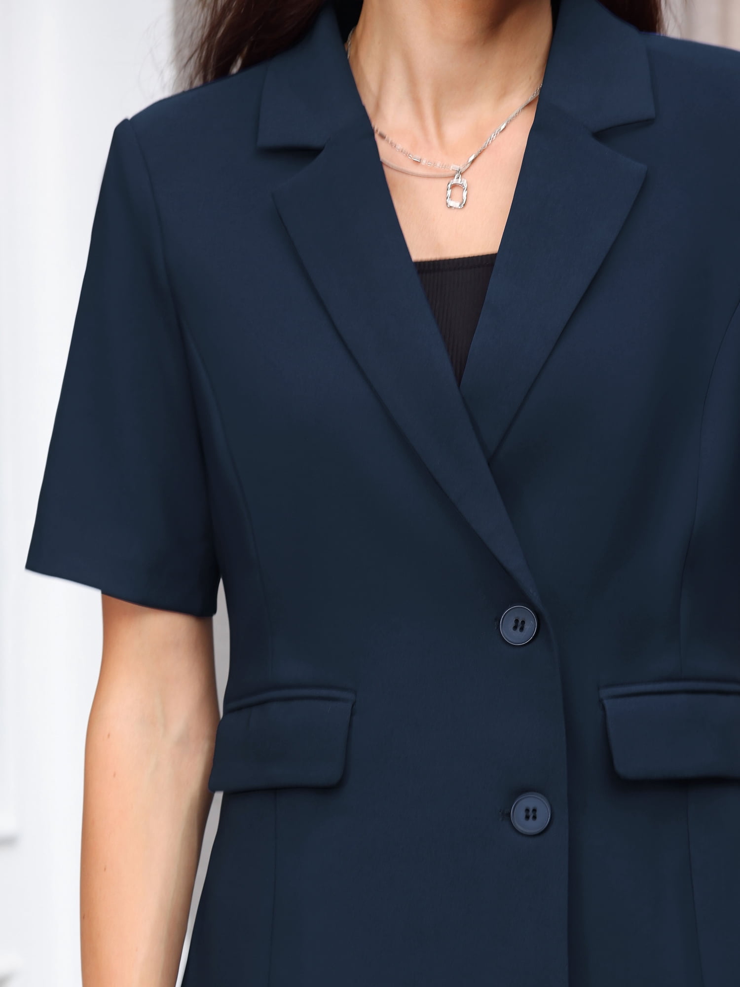 DARING DIVA Women's Summer Short Sleeve Blazer with Pockets S Navy Blue