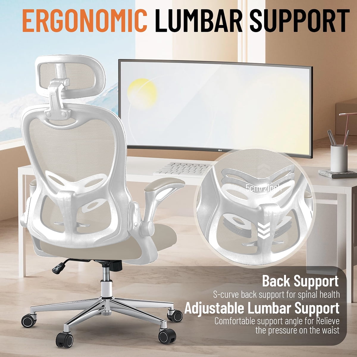 Office Chair, Ergonomic Breathable Mesh,Flip-Up Arms and Adjustable High Back Lumbar Support,Comfy Computer Chair for Home Office