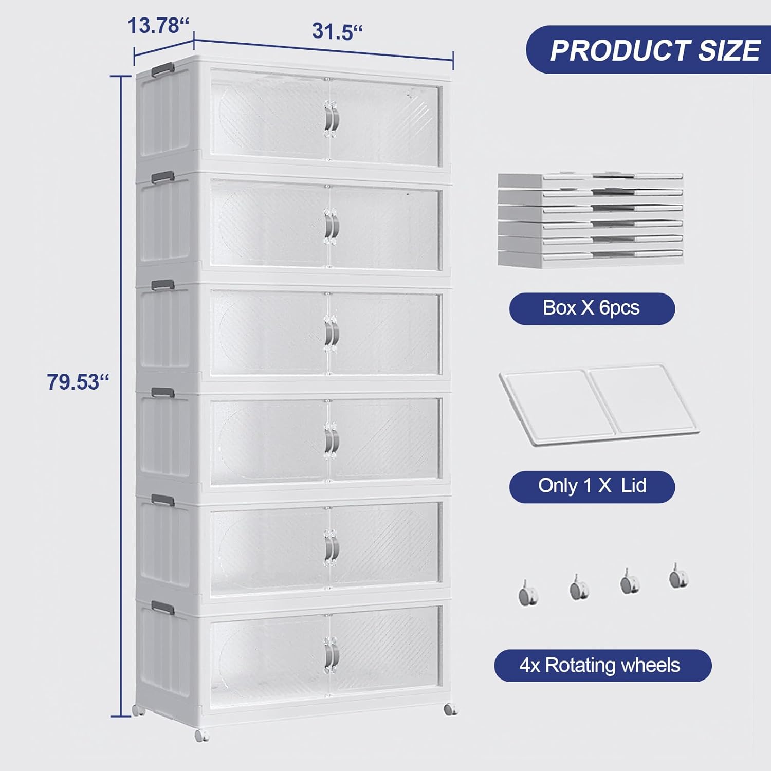 Fangtueh 240GAL Plastic Storage Bins with Lid, 960QT Extra Large Stackable Closet Organizers and Storage, Collapsible Storage Boxes with Wheels, Folding Cabinet for Home Kitchen Office, 6Pack White