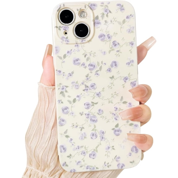 Compatible with iPhone 13 Case Cute Flower Floral Design for Women Girls Vintage Shockproof Soft TPU Fashion Girly Slim Protective Phone Cover - Purple Rose