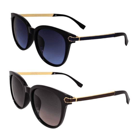 AlterImage Allure Fashion Retro Sunglasses for Women 2 Pair Black & Brown Frames w/ Dual-Color Metal Temples & Gradient Blue & Brown Lenses