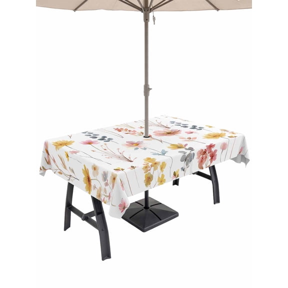 Outdoor Tablecloth with Umbrella Hole for Patio/Picnic/Party/Camping, Pink Floral Waterproof Table Cloth Rectangle Table Cover Washable, Watercolor Flowers Botanical Farmhouse (60"x 102")