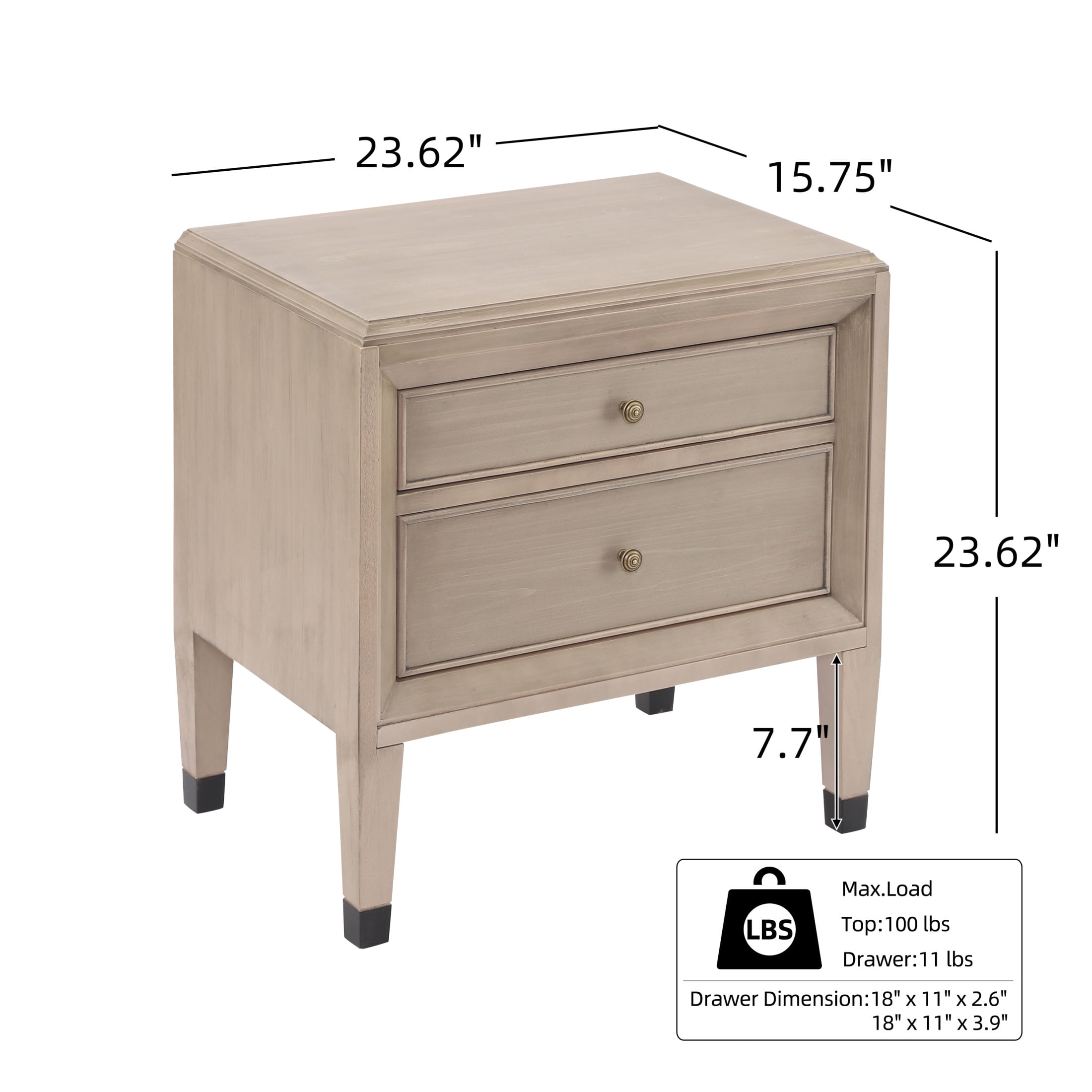 Christopher Knight Home 23.6" Classic Nightstand, Accent Bedside Table with 2 Drawers, Weathered Gray