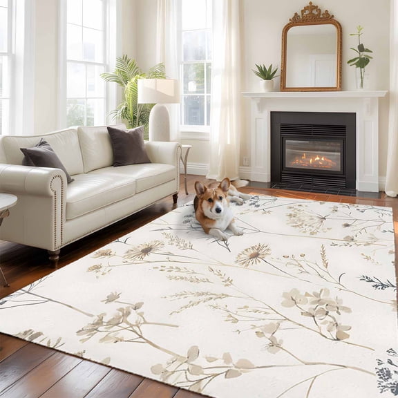 6'x9' Area Rugs, Beige Black Botanical Indoor Outdoor Area Rug for Living Room Bedroom, Watercolor Floral Vintage Washable Bathroom Rugs Kitchen Floor Carpet Mats Home Decor Aesthetic