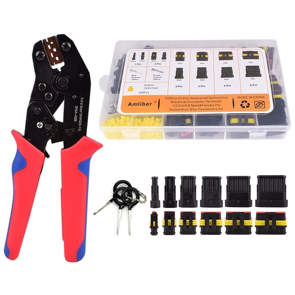 Amliber 709 piezas 43 kits de conectores de cables automotrices impermeables con engarzadora de cables de trinquete 1/2/3/4/5/6 pines conectores eléctricos automotrices con kit de herramientas de enga