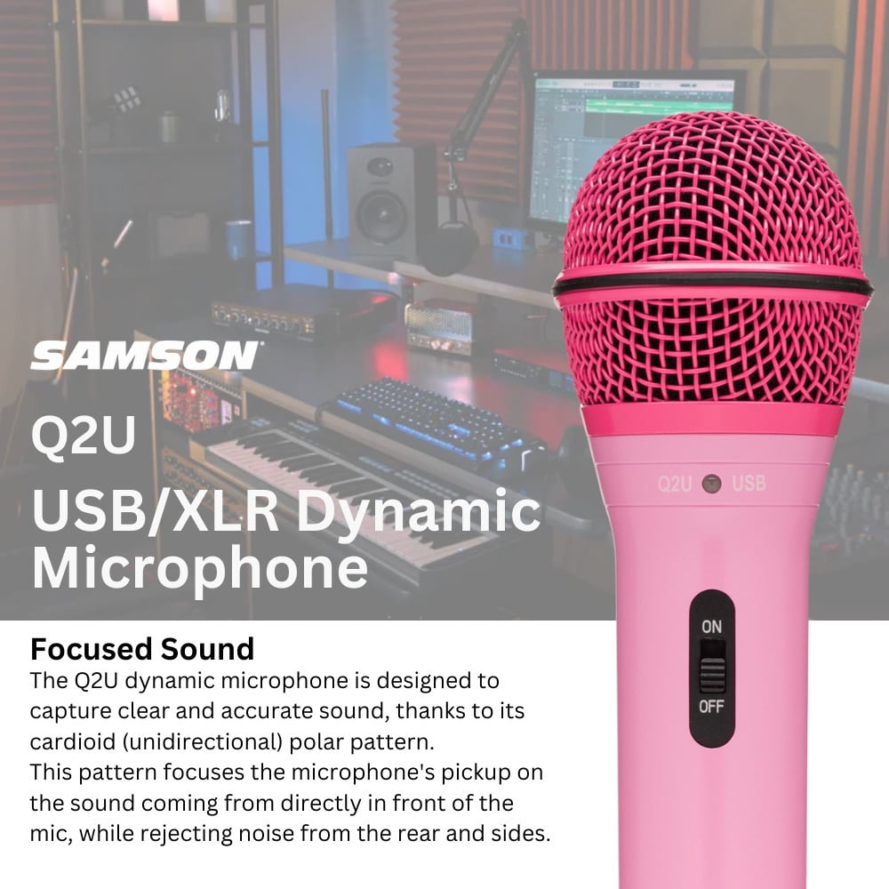 Samson Q2U USB and XLR Handheld Dynamic Microphone with Cardioid Polar Pattern (Pink) Bundle with Focus Pro Audio TX-100 Studio Monitor Headphones (Black), and Knox Gear Pop Filter (3 Items)