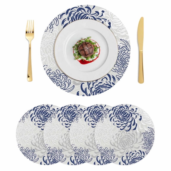 Blue White Round 13 Inch Placemats Set of 4, Abstract Grey Chrysanthemum Flower Floral HeatResistant Non Slip Place Mats for Dining Table, Wipeable Braided Kitchen Table Mats for Housewarming