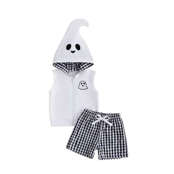 RUINIXCW Toddler Baby Boys Halloween Outfits Adorable Ghost Embroidery Zip Up Hooded Vest and Plaid Shorts Set