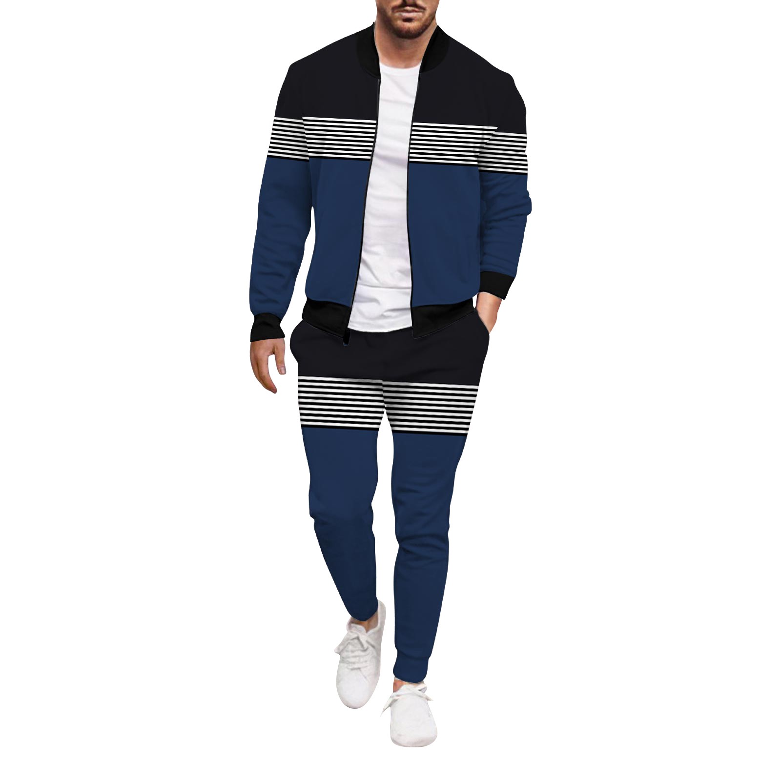 Sayhi Mens Winter Casual Street Woven Jacket Jacket Pants Striped