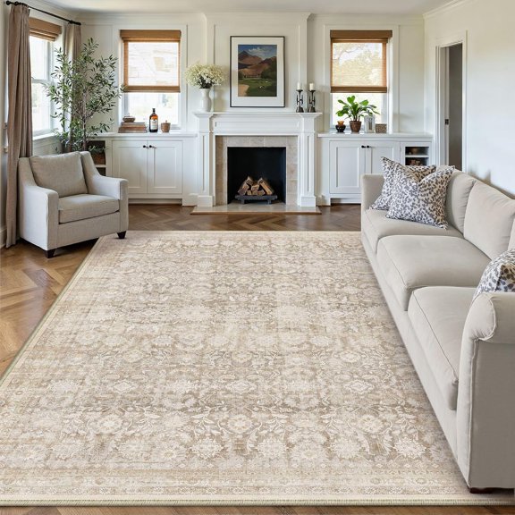 8x10 Beige Washable Neutral Area Rug Living Room Floral Non Slip Low Pile Large Rug Vintage Traditional Stain Resistant Distressed Carpet Bedroom Dining Room Office Playroom