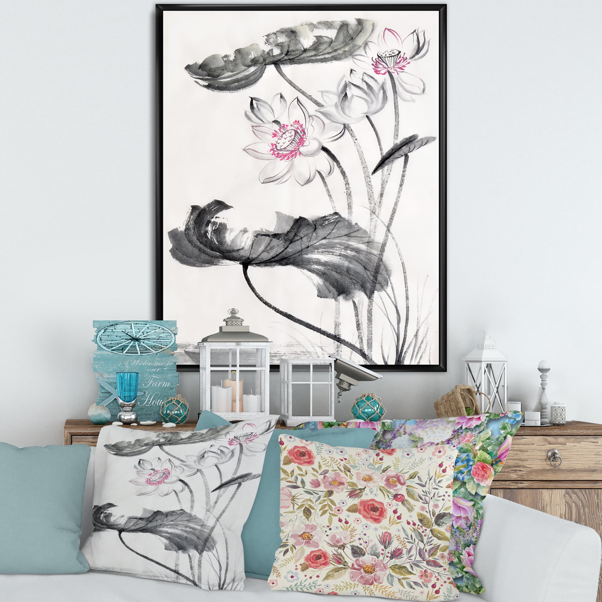Designart 'Ancient Lotus Flowers' Traditional Framed Canvas Wall Art Print