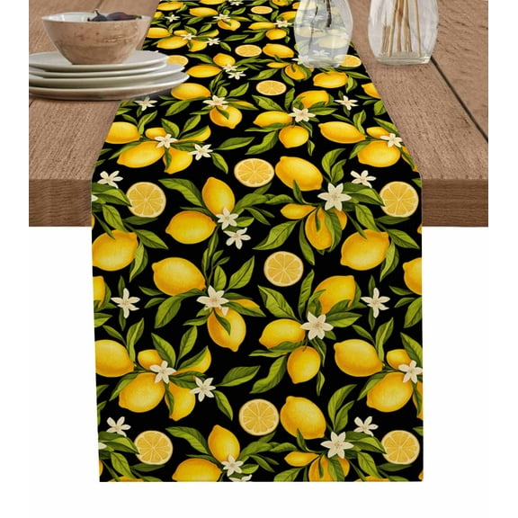 Orange Lemon Table Runner Cotton Linen 108 Inch Holiday Dresser Scarves, Spring Leaves Flower Pastoral Botanical Tablerunner for Kitchen Coffee Dining Living Room Dinner Scarf Décor 13''x108''