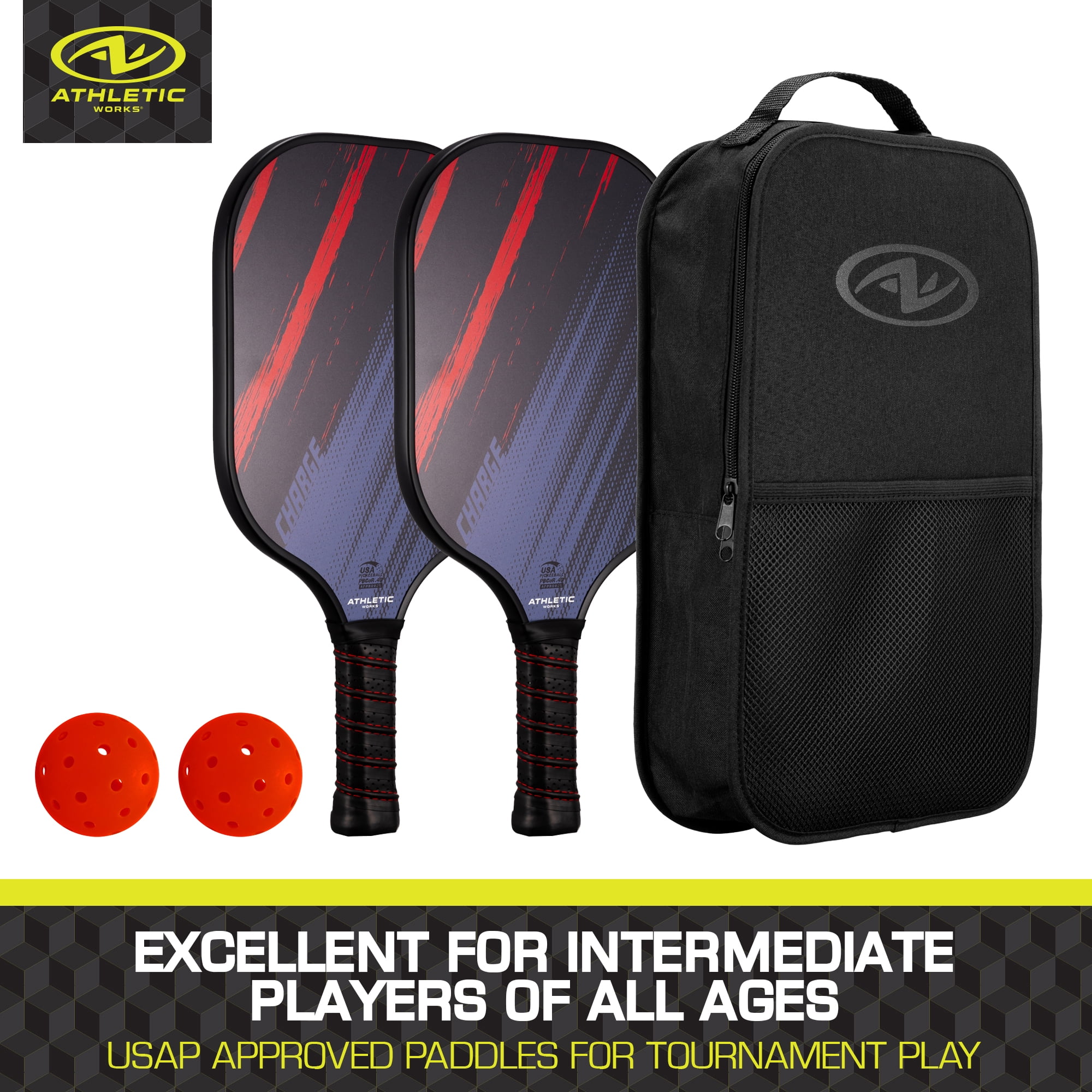 Athletic Works Charge Fiberglass 2-Player Pickleball Paddle Set, Includes 2 Paddles/2 Pickleballs/Carry Bag, Red