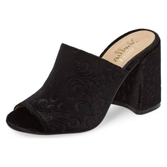 Shellys London Dalia Black Velvet Casual Open Toe Black Mid Heel Mule Pumps