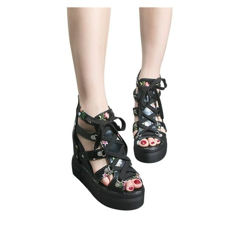

Clearance VerPetridure Women s Sandals Summer Casual Sponge Cake Thick-soled Fish Mouth High-heeled Sandals Floral Lace-up Plus Size Roman Sandals