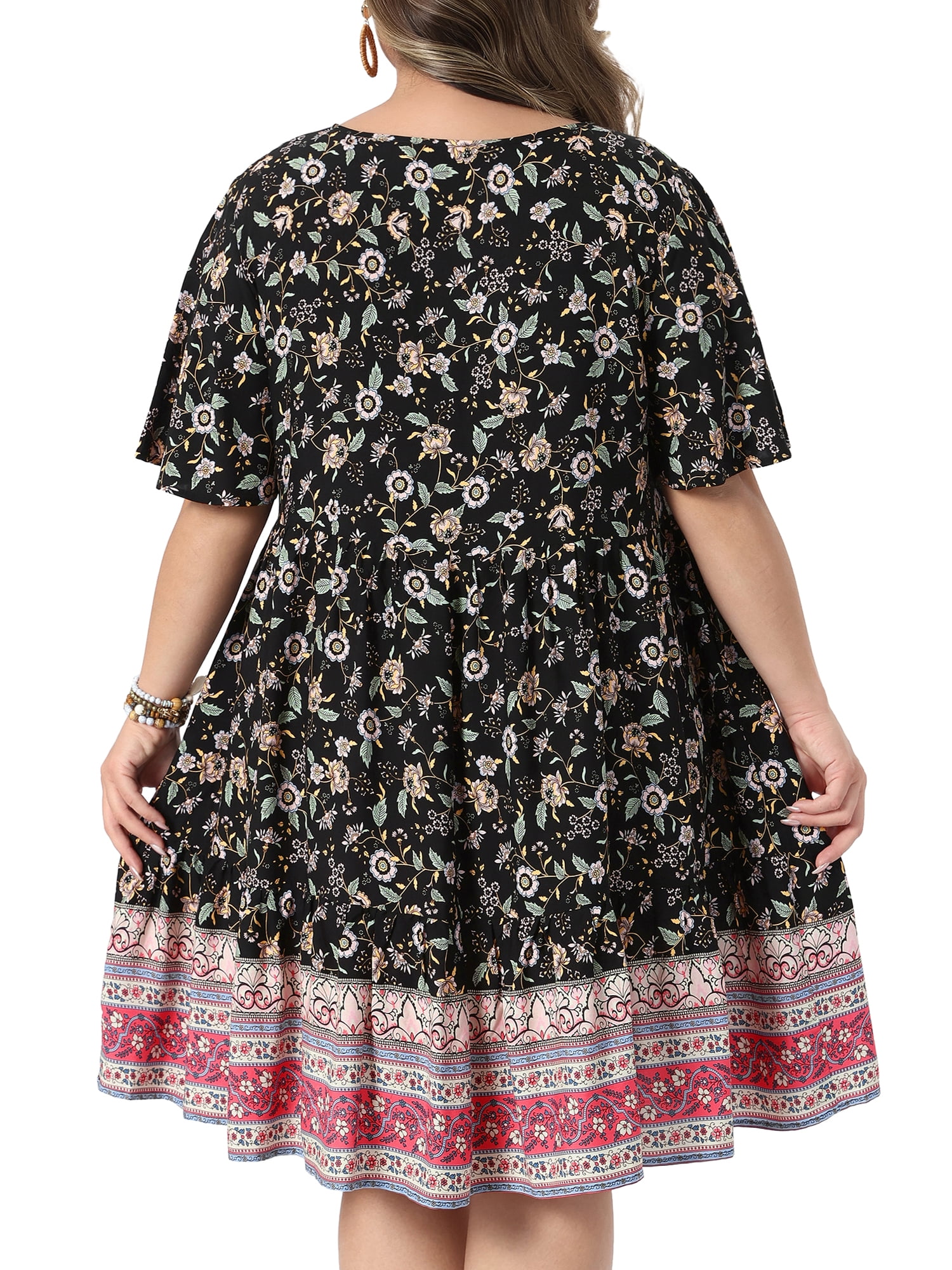 DARING DIVA Women's Plus Boho Midi Tie Crew Neck Short Dress 3X Black