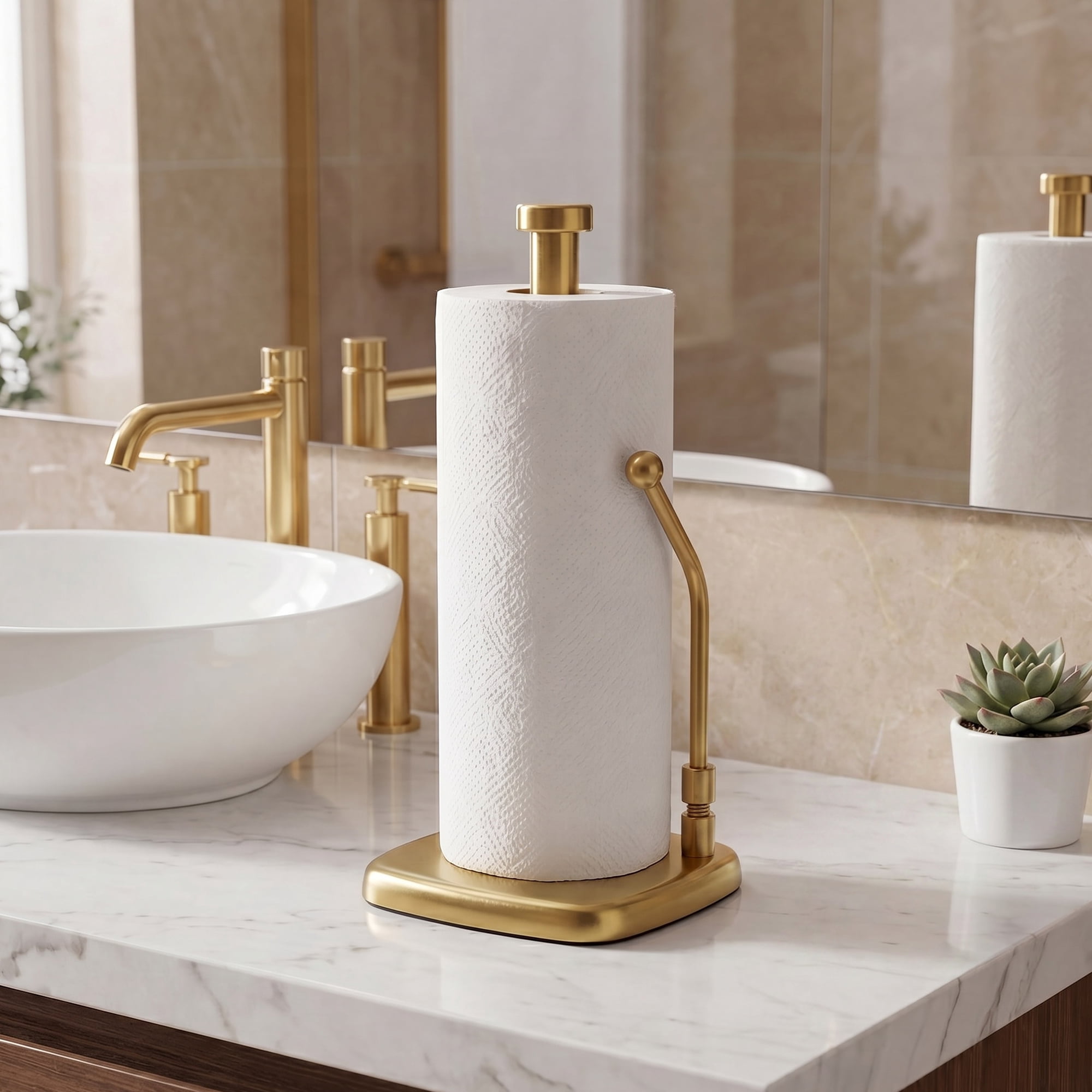 Unique Bargains Paper Towel Holder Countertop Weighted Base Gold 12.7x6.3inch