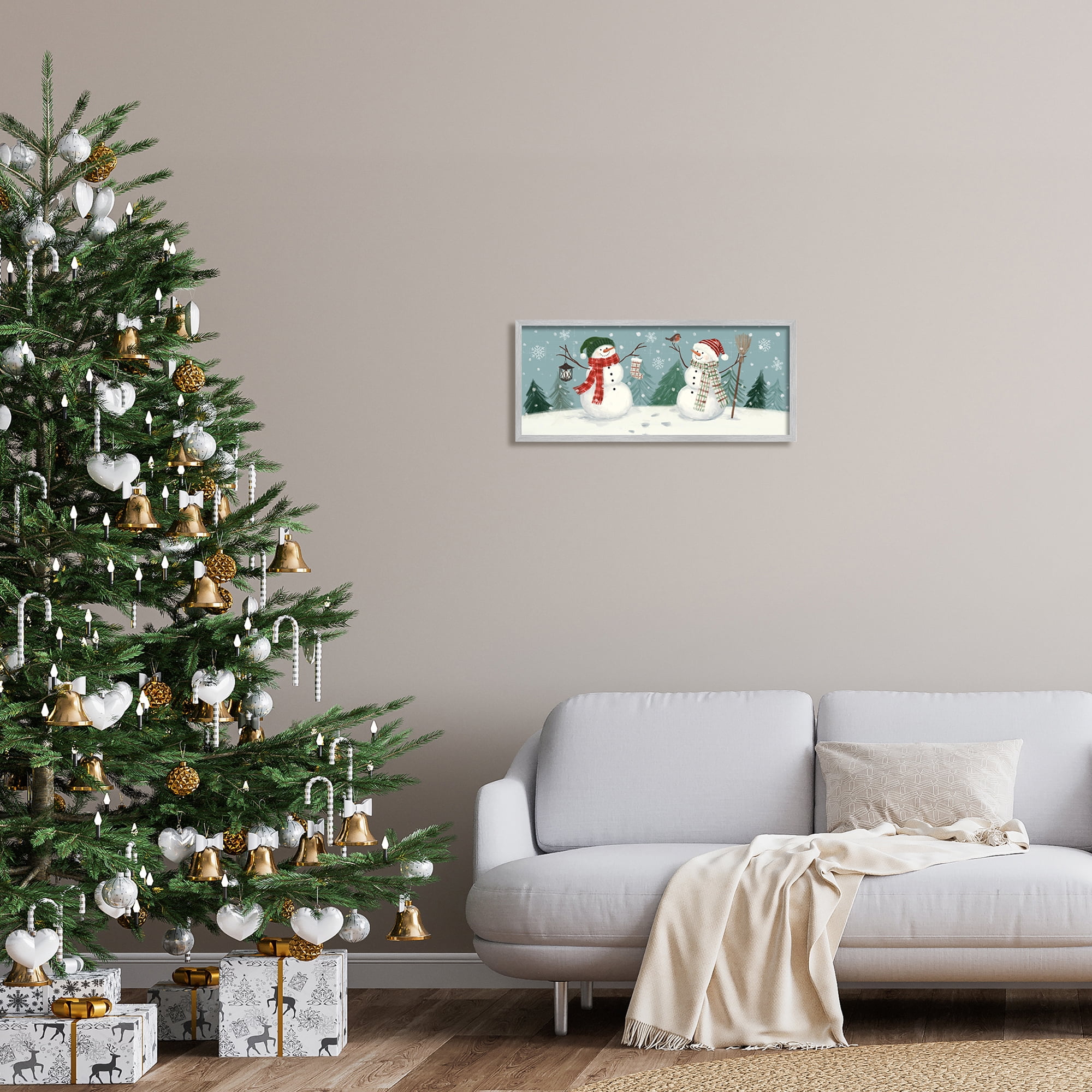 Festive Winter Snowmen Celebrating Falling Snowflakes Landscape Painting Framed Art Print Wall Art