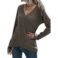 thumbnail image 3 of QAFOPEH Women Waffle Cross Over V Neck Tulip Hem Long Sleeve Solid Color Top, 3 of 7