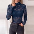thumbnail image 5 of WULMLEO Womens Mock Neck Lace Tops Long Sleeve Floral Sheer Mesh Slim Fitted Blouse Navy M, 5 of 7