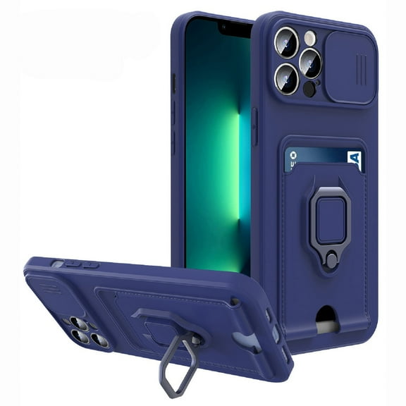 Nalacover Heavy Duty Case for iPhone 14 Pro, Camera Lens Sliding Soft Silicone Shockproof Protective Cover with Card Holder Kickstand Rotated Ring Magnetic Car Mount Soft Lining Case,Navyblue