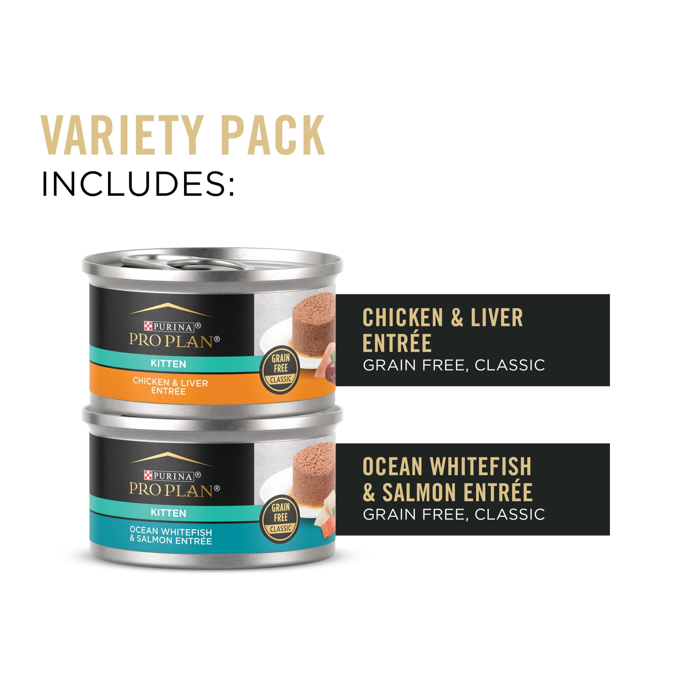 Purina Pro Plan Grain Free Chicken and Liver and Ocean Whitefish and Salmon Wet Kitten Food 24 ct Variety Pack