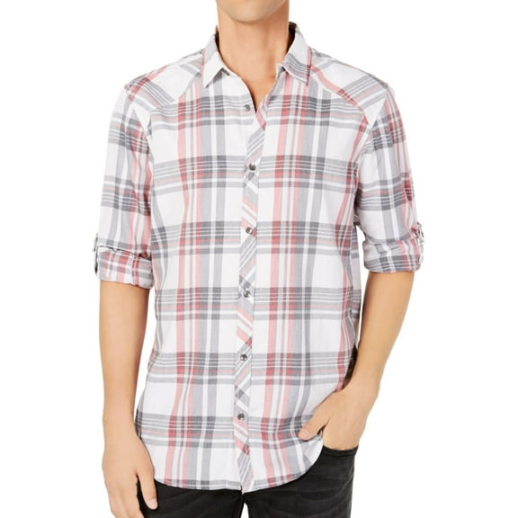 I.N.C Mens Plaid Button Up Shirt, White, XX-Large