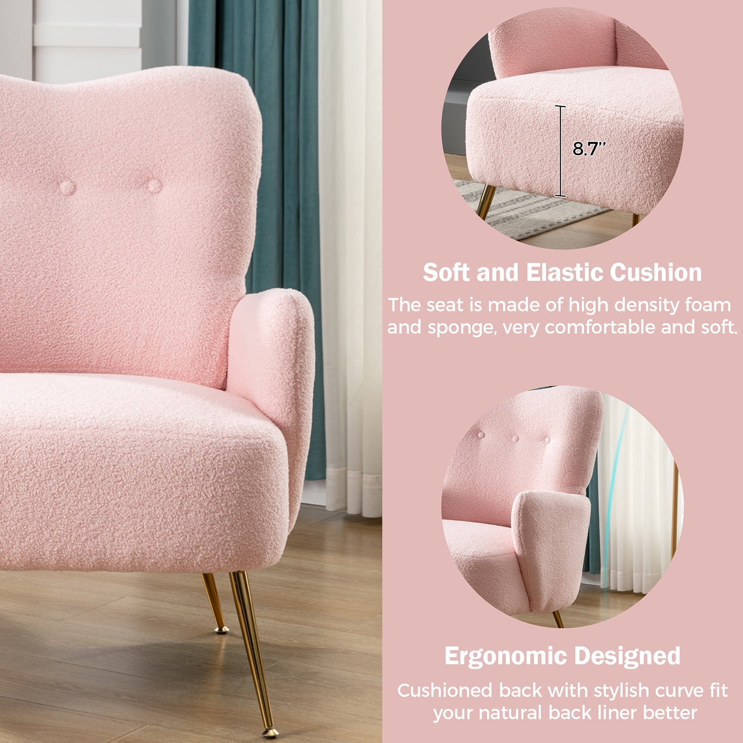 Kadyn Modern Teddy Short Plush Particle Armchair, Altay Velvet Accent Chair with Golden Metal Legs and High Back, Upholstered Accent Lounge Chair for Living Room, Pink