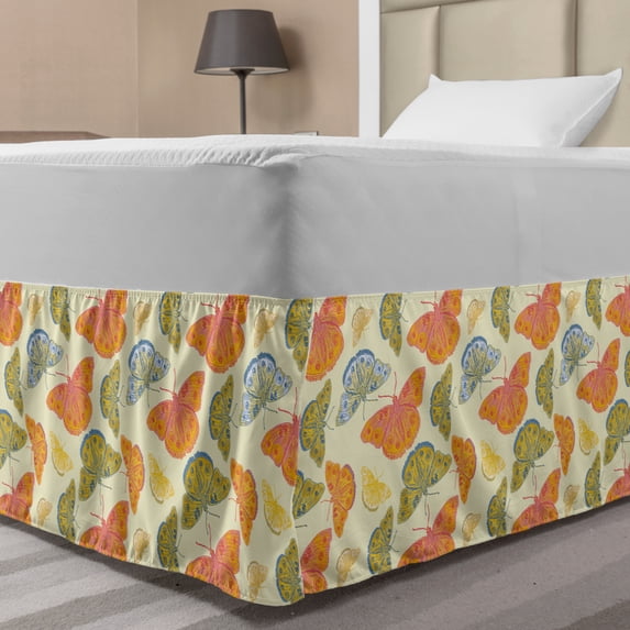 Butterflies Bed Skirt, Hand Drawn Sketchy Interpretation, Elastic Bedskirt Dust Ruffle Wrap Around for Bedding Decor, 4 Sizes, Cream Multicolor, by Ambesonne