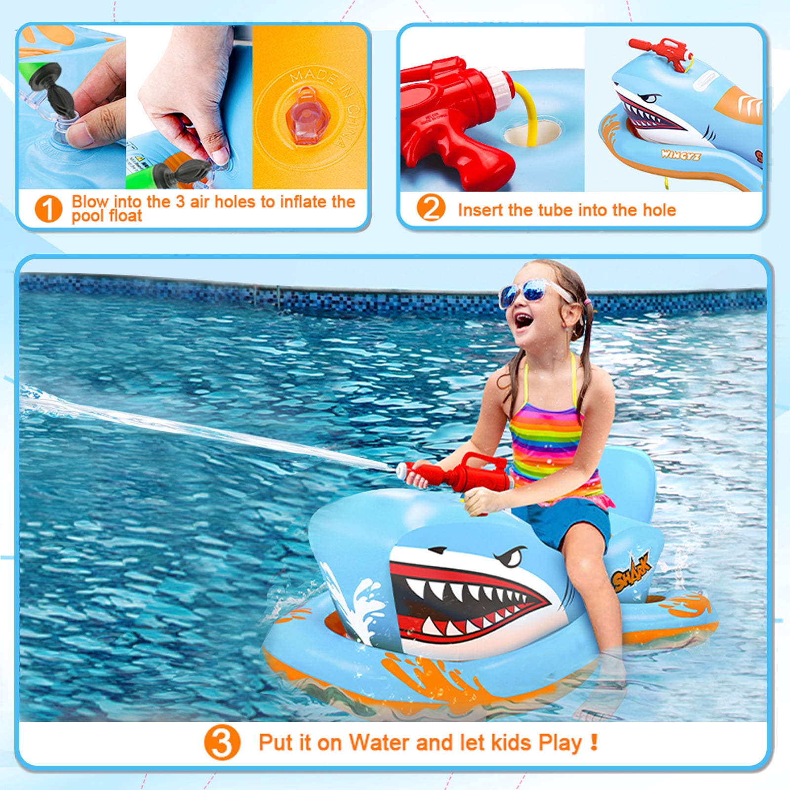 Pool Floats for Kids, Inflatables Shark Ride-on Water Toys with Watergun Swimming Game Boy Girl 3-12